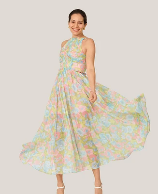 J Mendel Women's Floral Pleated Bodice Halter Midi Dress