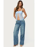 Edikted Women's Edna Floral Embroidered Low Rise Jeans