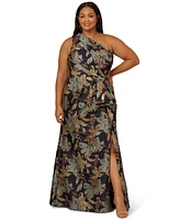 Adrianna Papell Plus Metallic Jacquard One-Shoulder Long Dress