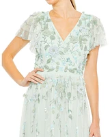 Mac Duggal Women's Ruffle Tiered Embellished Faux Wrap Flutter Sleeve