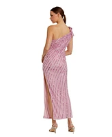 Mac Duggal Women's One Shoulder Beaded Mesh Gown With Flower