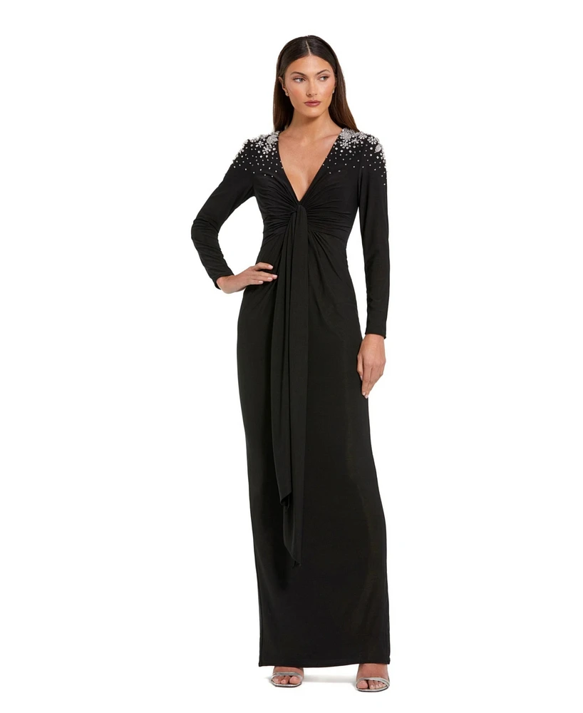Mac Duggal Women's Jersey V Neck Faux Knot Gown With Beaded Shoulders