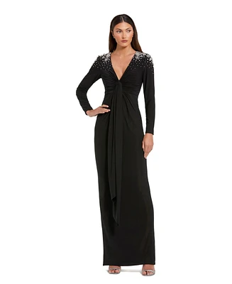 Mac Duggal Women's Jersey V Neck Faux Knot Gown With Beaded Shoulders