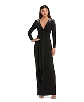 Mac Duggal Women's Jersey V Neck Faux Knot Gown With Beaded Shoulders