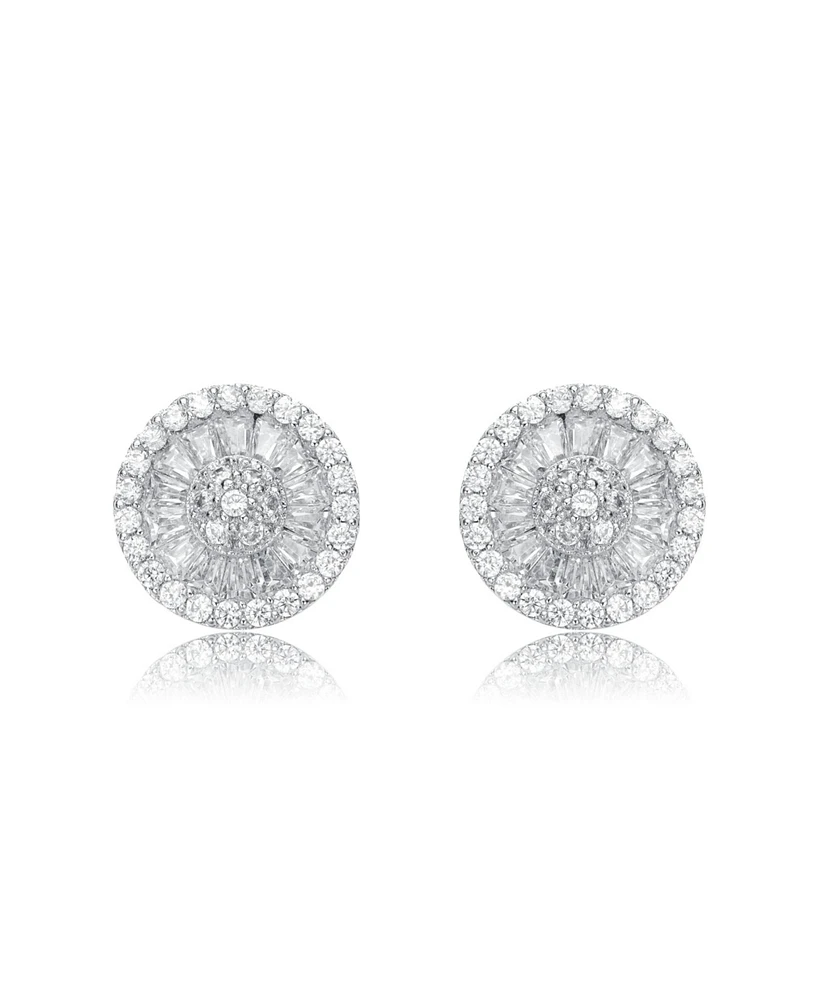 White Gold Plating with Clear Cubic Zirconia Halo Medallion Cluster Stud Earrings
