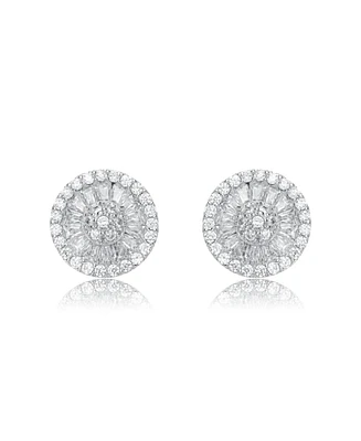 White Gold Plating with Clear Cubic Zirconia Halo Medallion Cluster Stud Earrings