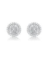 White Gold Plating with Clear Cubic Zirconia Halo Medallion Cluster Stud Earrings