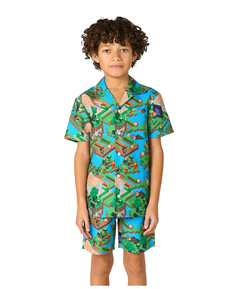 OppoSuits Big Boys 2-Piece Minecraft Summer Short Sleeve Shirt and Shorts Set