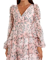 Mac Duggal Women's Elegant Puff Sleeve Floral Midi Dress with A-Line Silhouette and Side Pockets