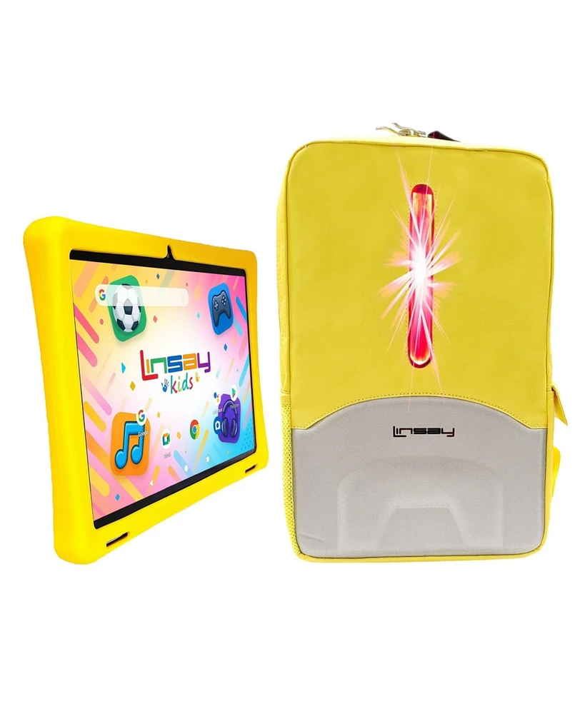 Linsay 10.1"Octa Core 256GB Storage Android 15 Tablet with Yellow Kids Defender Case and Led Backpack Yellow