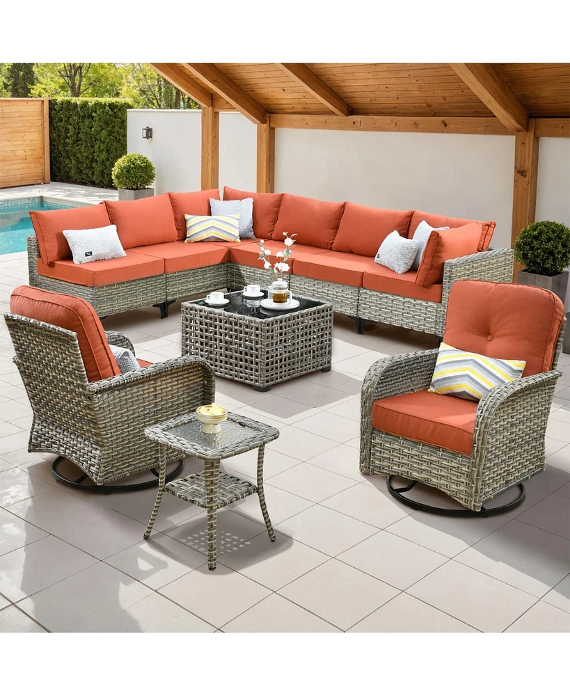 Xizzi 10 Piece Outdoor Patio Furniture with Swivel Chairs,All Weather Wicker Sectional Coversation Set with Solar Coffee Table, Single Modular Chairs