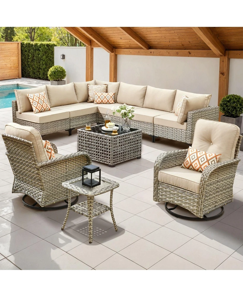 Xizzi 10 Piece Outdoor Patio Furniture with Swivel Chairs,All Weather Wicker Sectional Coversation Set Solar Coffee Table, Single Modular Chairs