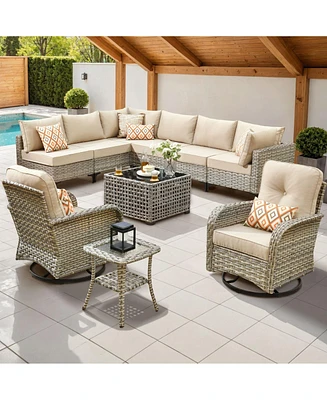 Xizzi 10 Piece Outdoor Patio Furniture with Swivel Chairs,All Weather Wicker Sectional Coversation Set Solar Coffee Table, Single Modular Chairs