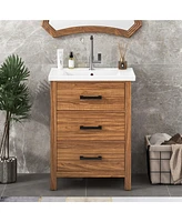 Casainc 24" Freestanding Vanity with Ceramic Sink, Cabinet with 3 Drawers