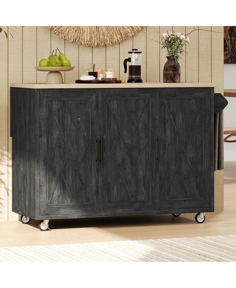 Casainc 51.2" Farmhouse Kitchen Cart with Drop Leaf, Textured Finish, Storage and Towel Rack
