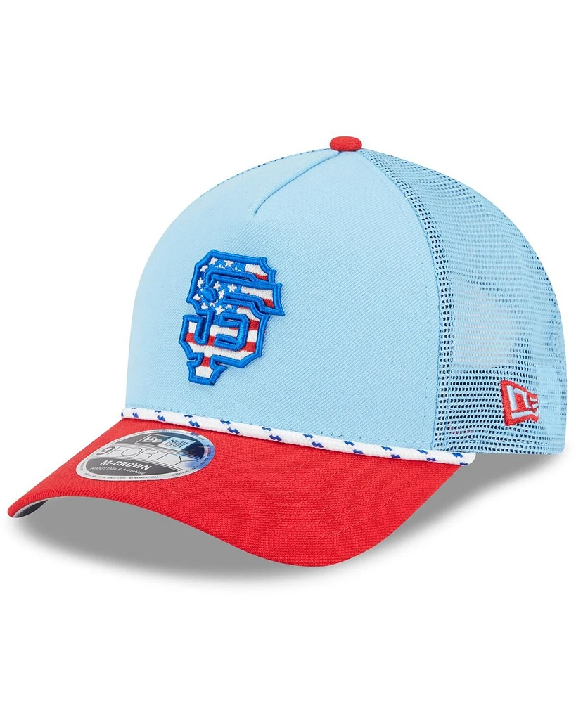 New Era Men's Light Blue/Red San Francisco Giants 2025 Fourth of July 9FORTY A-Frame M-Crown Adjustable Trucker Hat