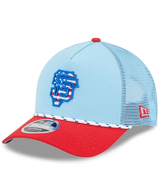 New Era Men's Light Blue/Red San Francisco Giants 2025 Fourth of July 9FORTY A-Frame M-Crown Adjustable Trucker Hat