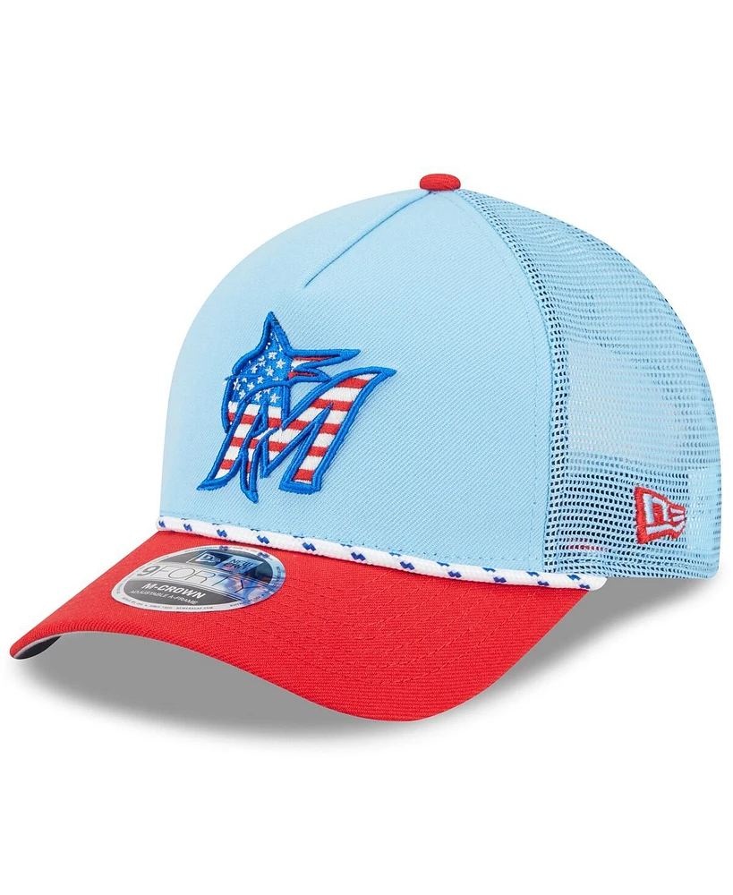 New Era Men's Light Blue/Red Miami Marlins 2025 Fourth of July 9FORTY A-Frame M-Crown Adjustable Trucker Hat