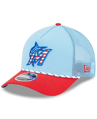 New Era Men's Light Blue/Red Miami Marlins 2025 Fourth of July 9FORTY A-Frame M-Crown Adjustable Trucker Hat