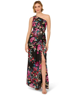 Adrianna Papell Women's Floral Chiffon One-Shoulder Long Dress