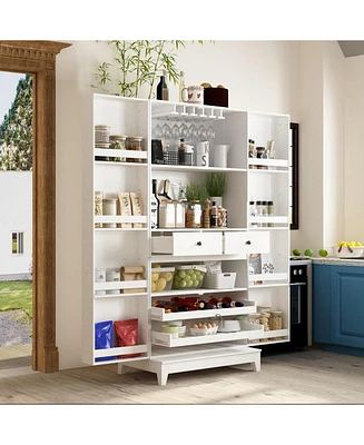 Homsee White 2-door 68.9-inch high multifunctional cabinet, storage cabinet, Pantry (including wine drawer/wine glass holder)