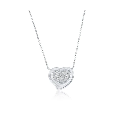 Simona Sterling Silver, Puffed Polished & Pave Cz Heart Necklace