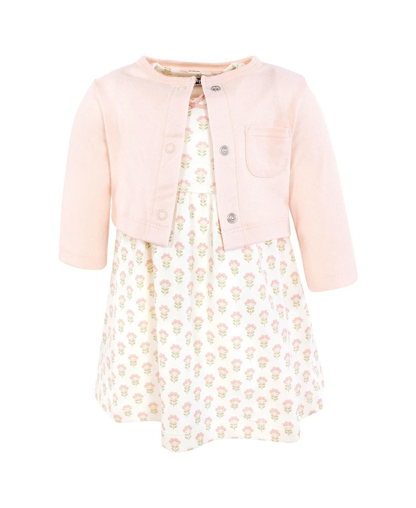Hudson Baby Girls Cotton Dress and Cardigan Set, Soft Ditsy Floral, 6-9 Months