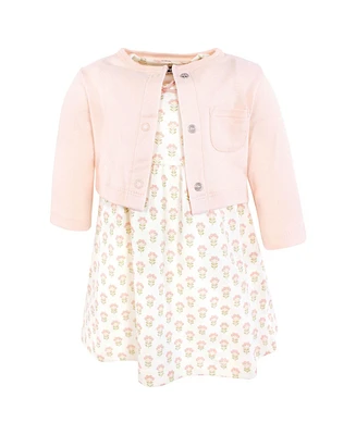 Hudson Baby Girls Cotton Dress and Cardigan Set, Soft Ditsy Floral, 6-9 Months