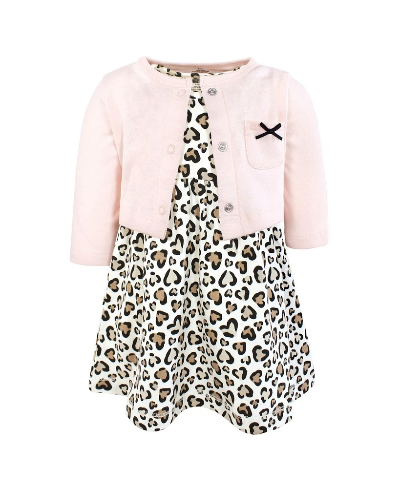 Hudson Baby Infant and Toddler Girls Cotton Dress Cardigan Set, Leopard Hearts