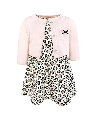 Hudson Baby Infant and Toddler Girls Cotton Dress Cardigan Set, Leopard Hearts
