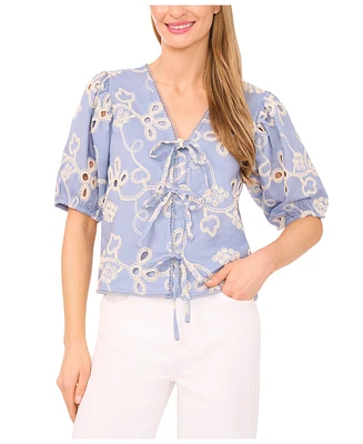 CeCe Women's Short Sleeve Open Tie Front Embroidered Top