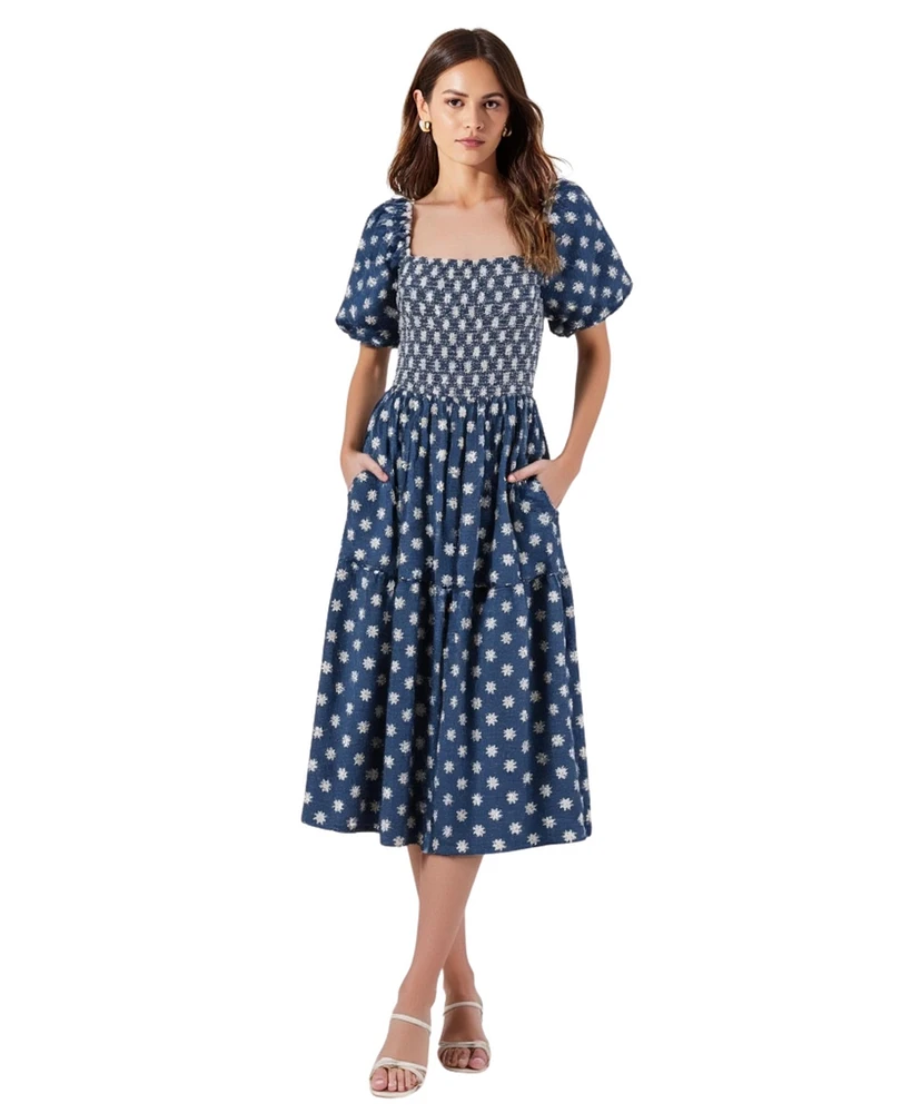 Modenaire Women's Smocked Puff-Sleeve Tiered Midi Dress with Pockets