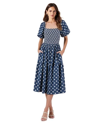 Modenaire Women's Smocked Puff-Sleeve Tiered Midi Dress with Pockets