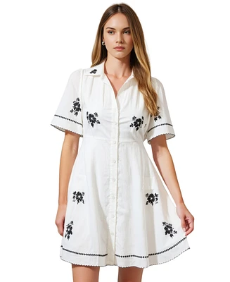 Modenaire Women's Short-Sleeve Embroidered Scalloped Shirt Dress