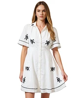 Modenaire Women's Short-Sleeve Embroidered Scalloped Shirt Dress