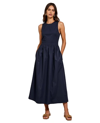 Modenaire Women's Sleeveless Crewneck Gathered Waist Midi Dress