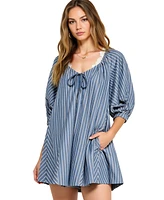 Modenaire Women's Striped V-Neck Front Tie 3/4 Sleeve Romper