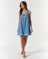 Modenaire Women's Sleeveless Embroidered Trim Tie Front Mini Dress