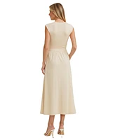 Modenaire Women's Cap Sleeve Knit Bodice Midi Dress with Pockets