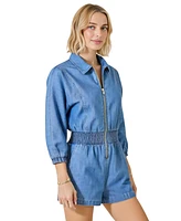 Modenaire Women's Zip Front Smocked Waist 3/4 Sleeve Romper