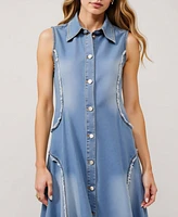 Modenaire Women's Sleeveless Frayed Seams Button Front Midi Dress
