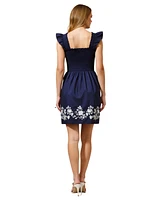 Modenaire Women's Smocked Ruffle Strap Floral Embroidery Mini Dress