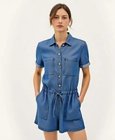 Modenaire Women's Utility Button-Up Drawstring Waist Romper