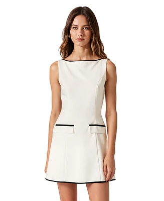 Modenaire Women's Sleeveless A-Line Contrast Trim Faux Pocket Mini Dress