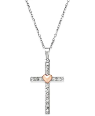 Diamond Two-Tone Cross Pendant Necklace (1/10 ct. t.w.) in Sterling Silver with 18k Rose Gold-Plated Sterling Silver Accent - Two