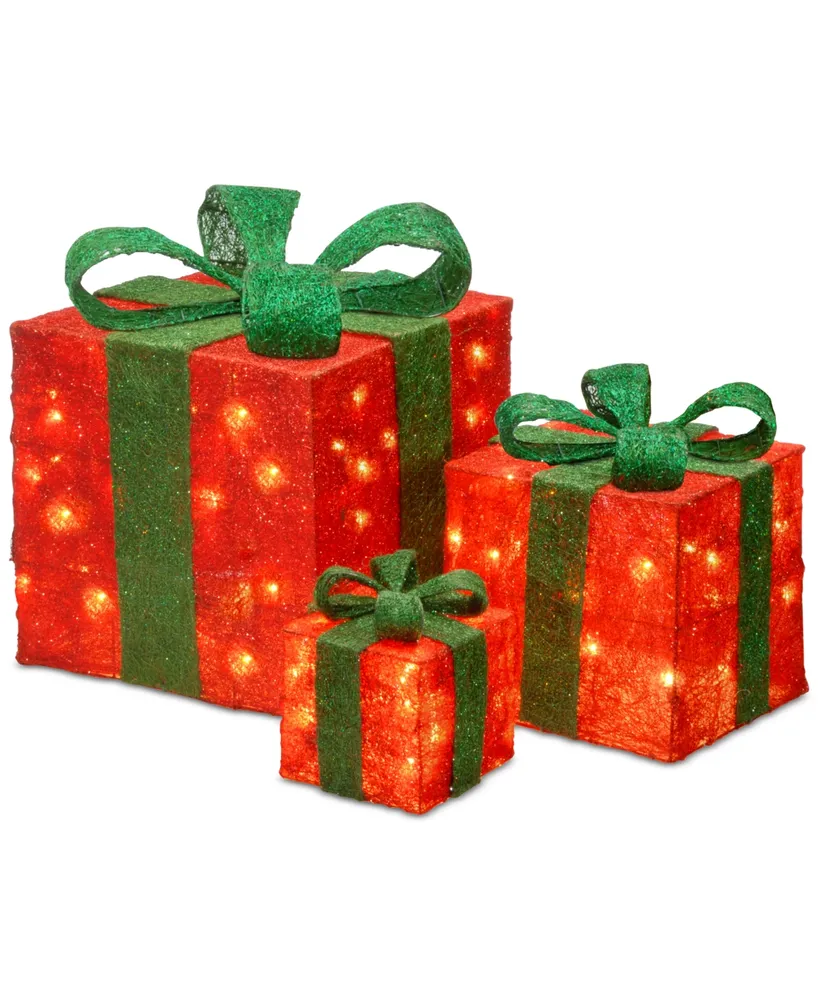 National Tree Company 6", 10" & 14" Assorted Red Sisal Gift Boxes with Clear Lights