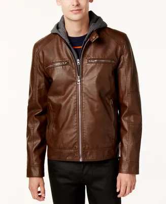 Guess Men's Faux-Leather Detachable-Hood Motorcycle Jacket