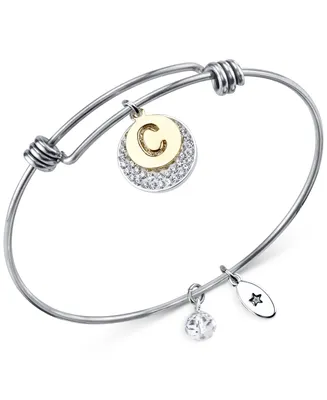 Unwritten Pave and Initial Disc Bangle Bracelet in Stainless Steel and Silver Plated