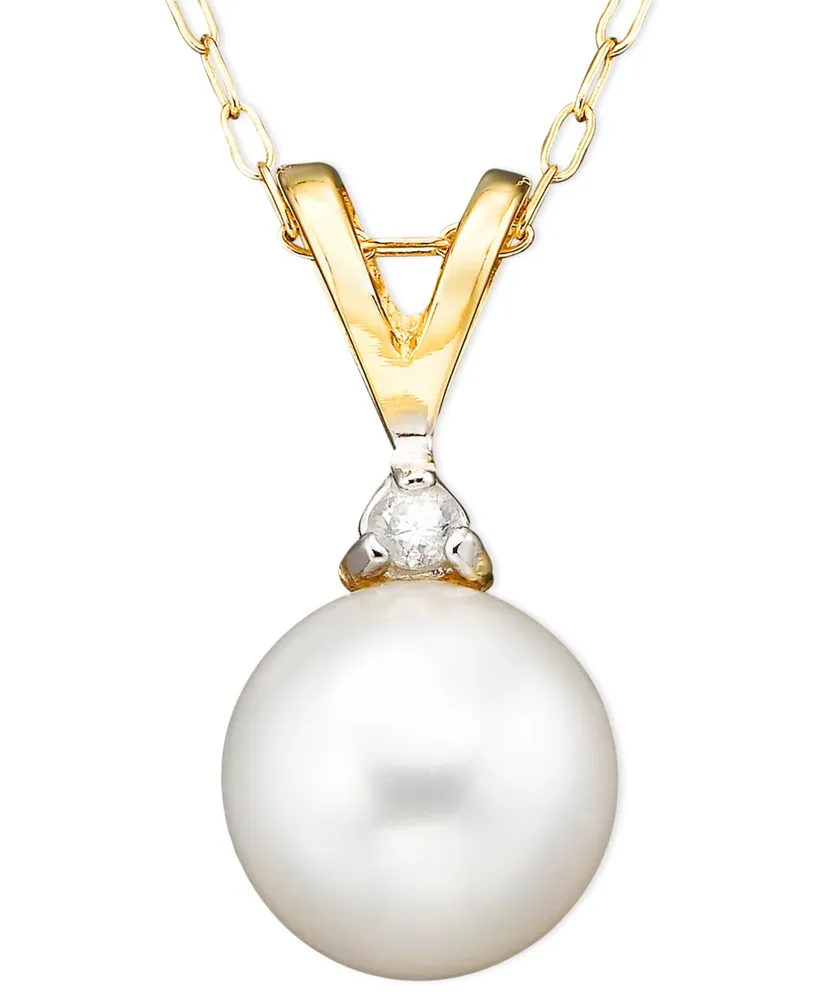 Belle de Mer Pearl Cultured Freshwater Pearl (6-1/2mm) and Diamond Accent Pendant Necklace in 14k Gold