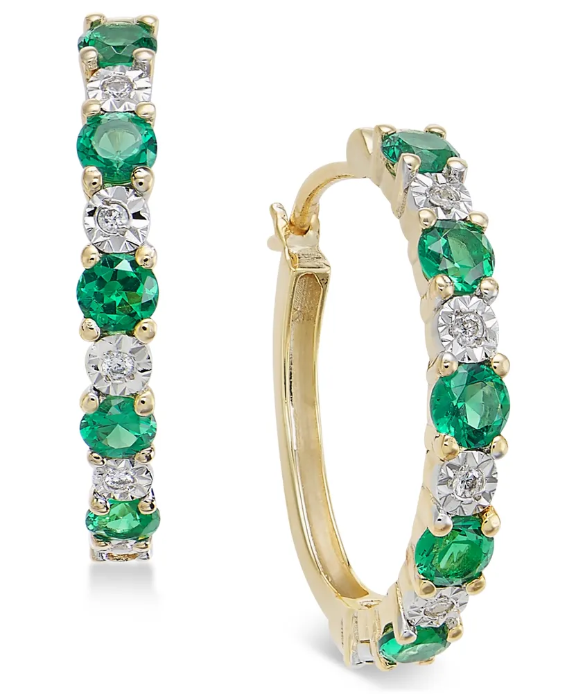 Emerald (3/4 ct. t.w.) and Diamond Accent Hoop Earrings 14k Gold (Also Sapphire Ruby)